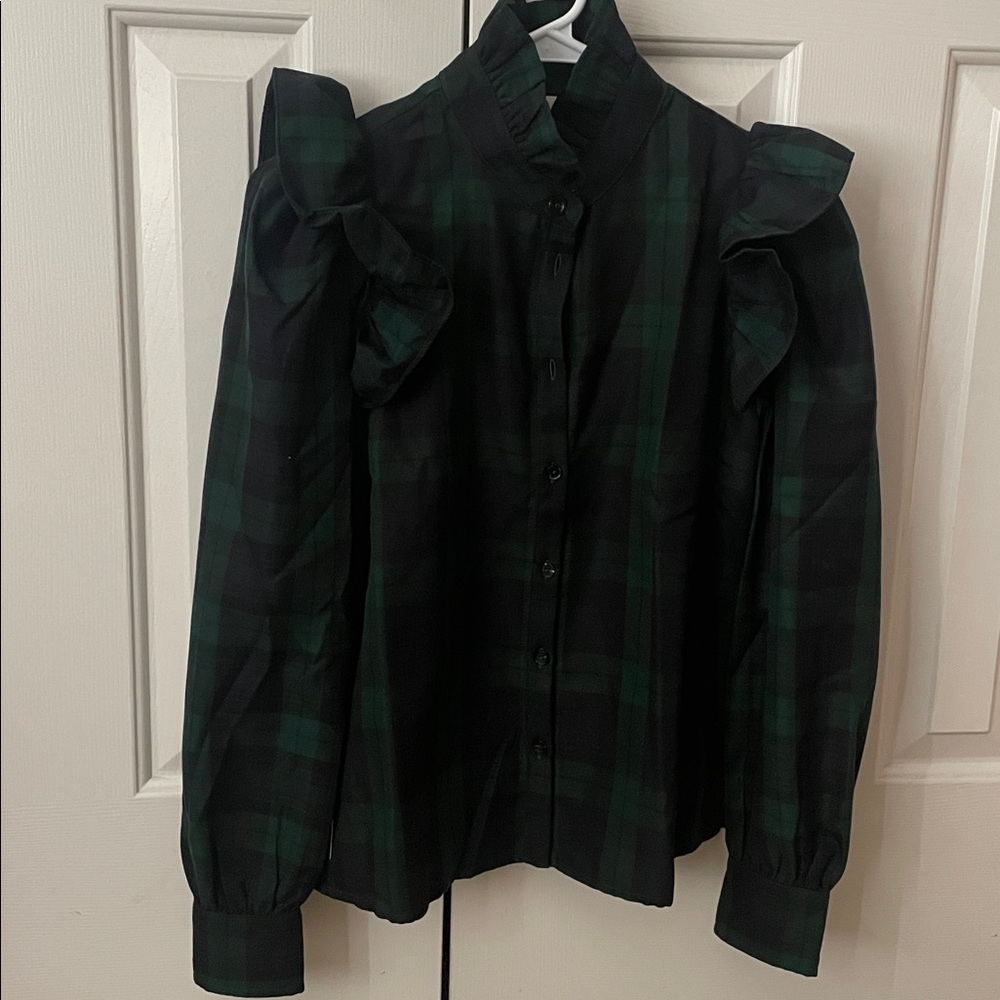 Tuckernuck Tartan Plaid  Ruffle Button-Up Blouse